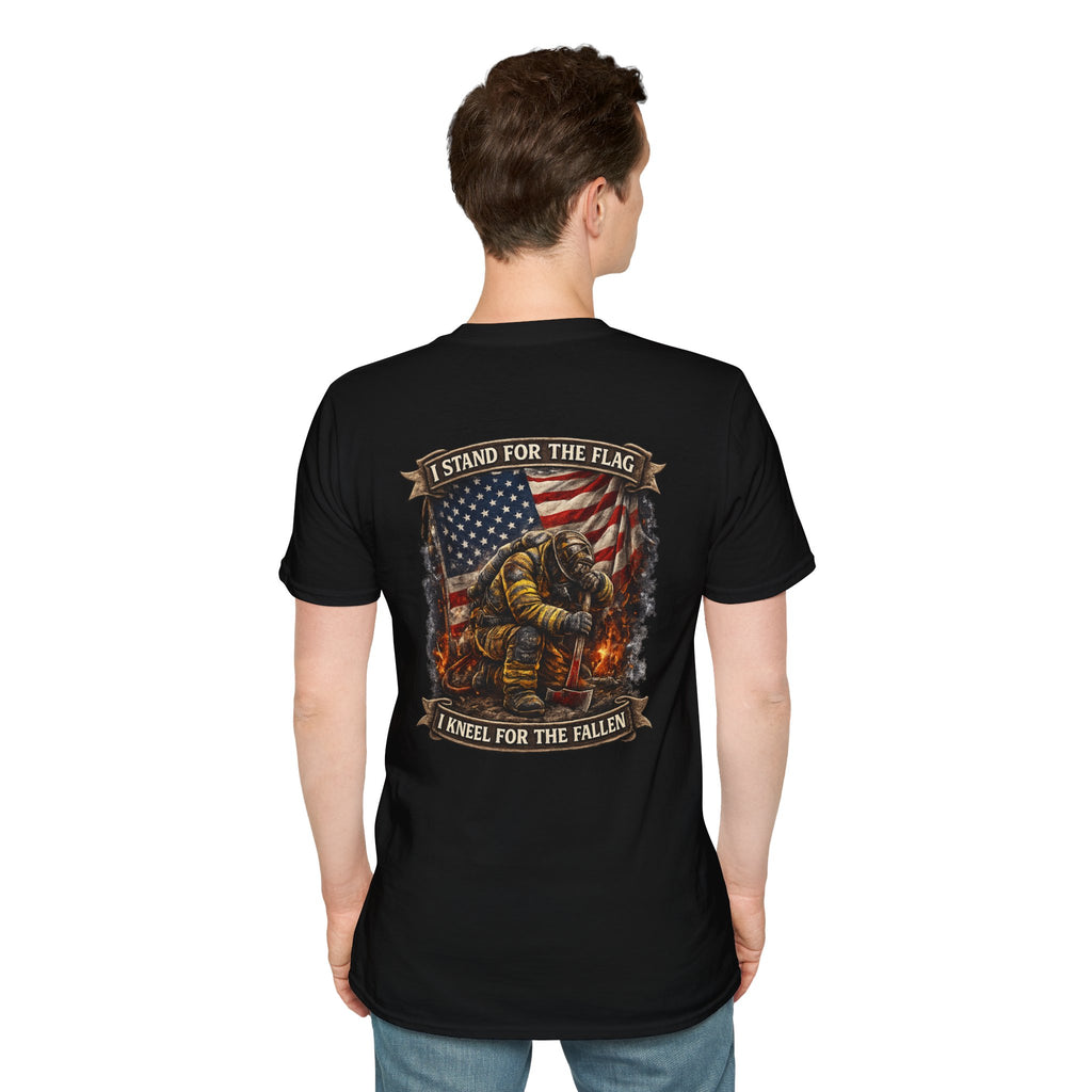 Patriotic Firefighter T-Shirt — "I Stand for the Flag, I Kneel for the Fallen"