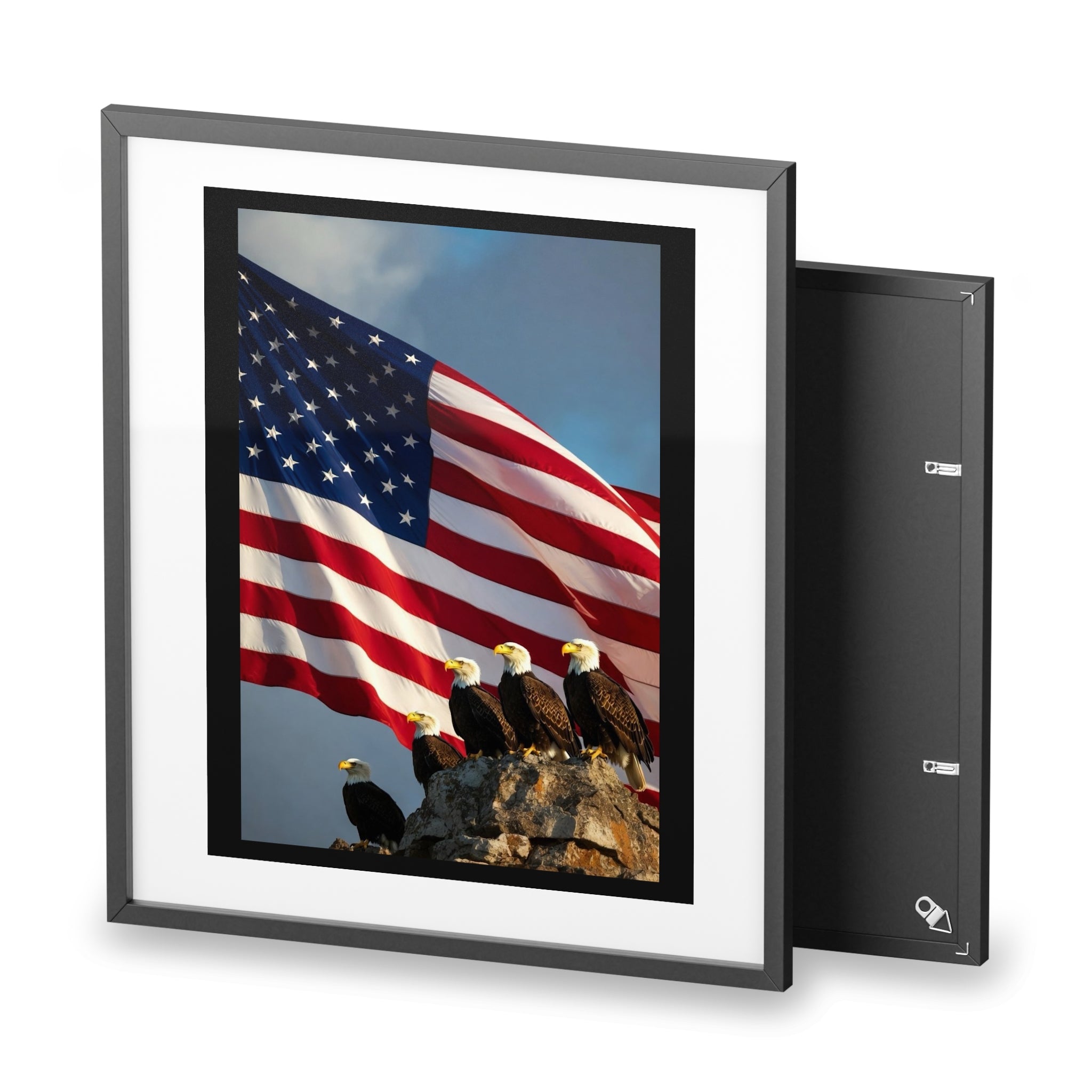 Framed Poster - Patriotic Bald Eagles & American Flag Wall Art (Matte)