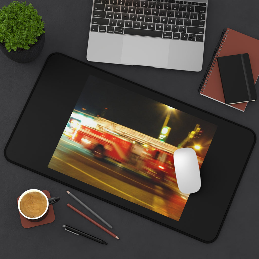 Emergency Response Desk Mat — Blurred Fire Truck Night Scene
