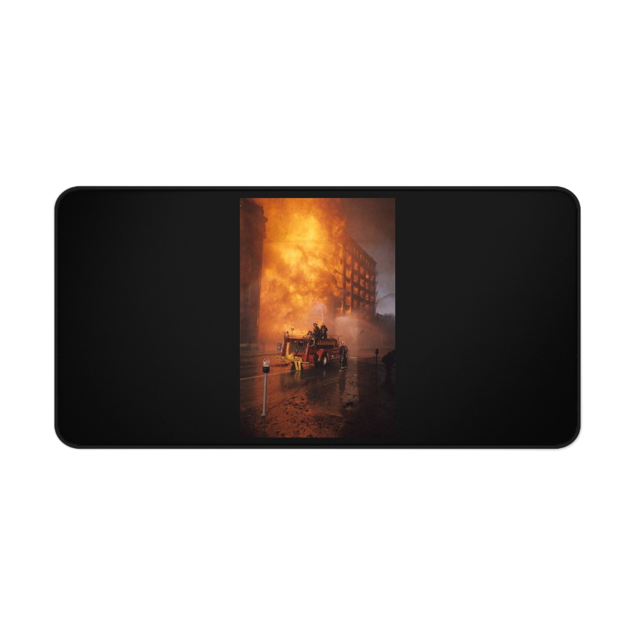 Firefighter Rescue Desk Mat — Dramatic Urban Blaze Photo Mouse Pad