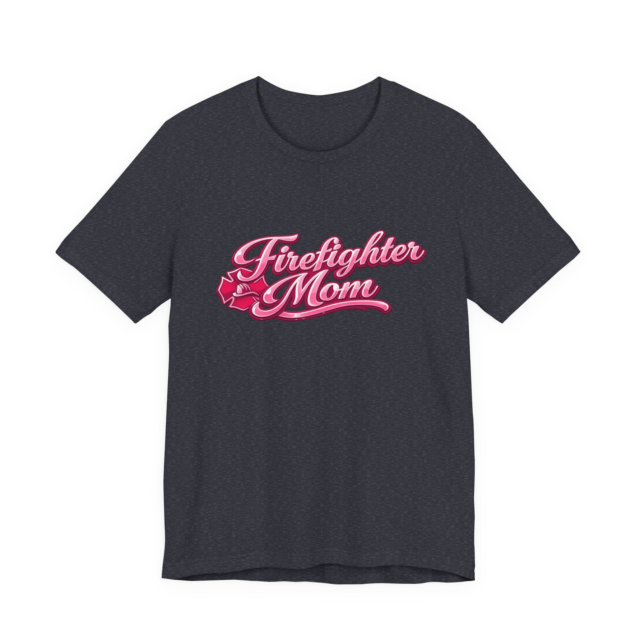 Firefighter Mom T-Shirt — Pink Script Rescue Emblem Tee