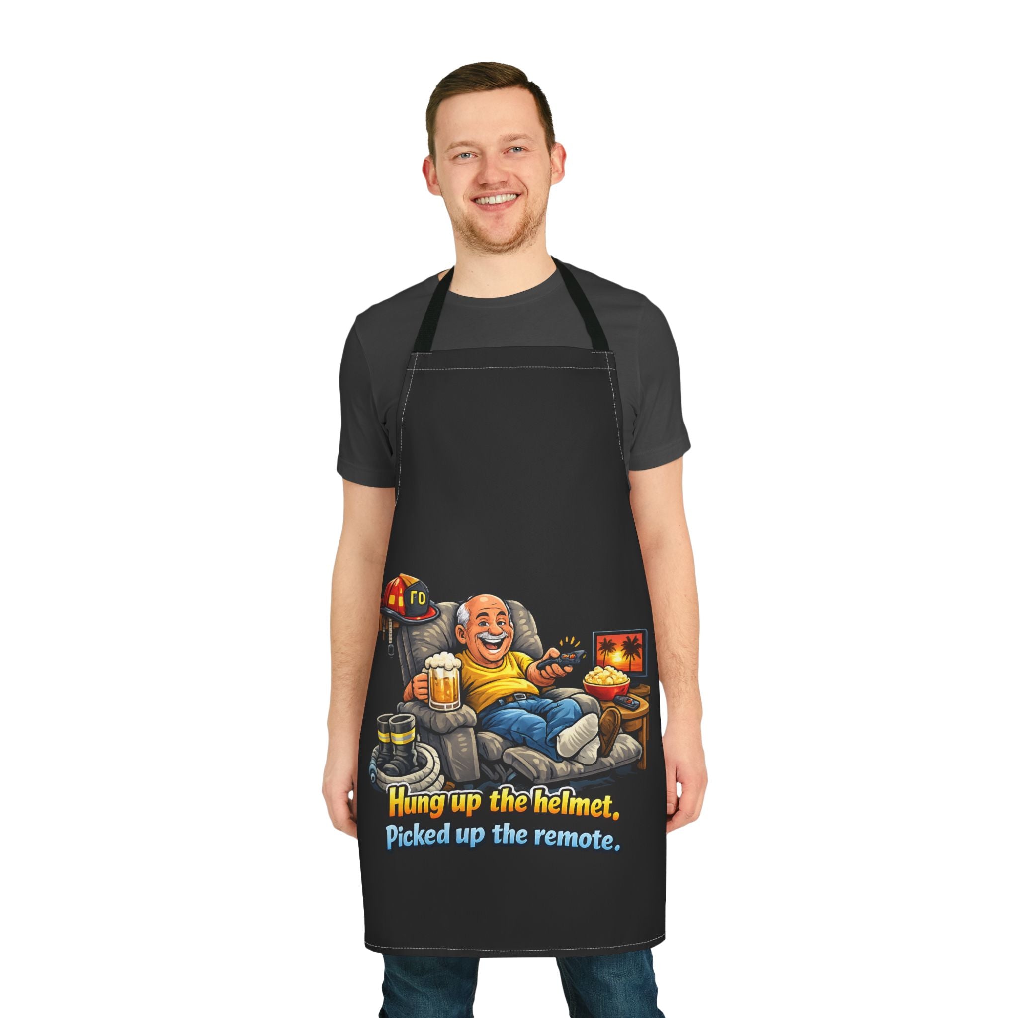 Apron - "Hung up the helmet, picked up the remote" Funny Firefighter Dad Gift