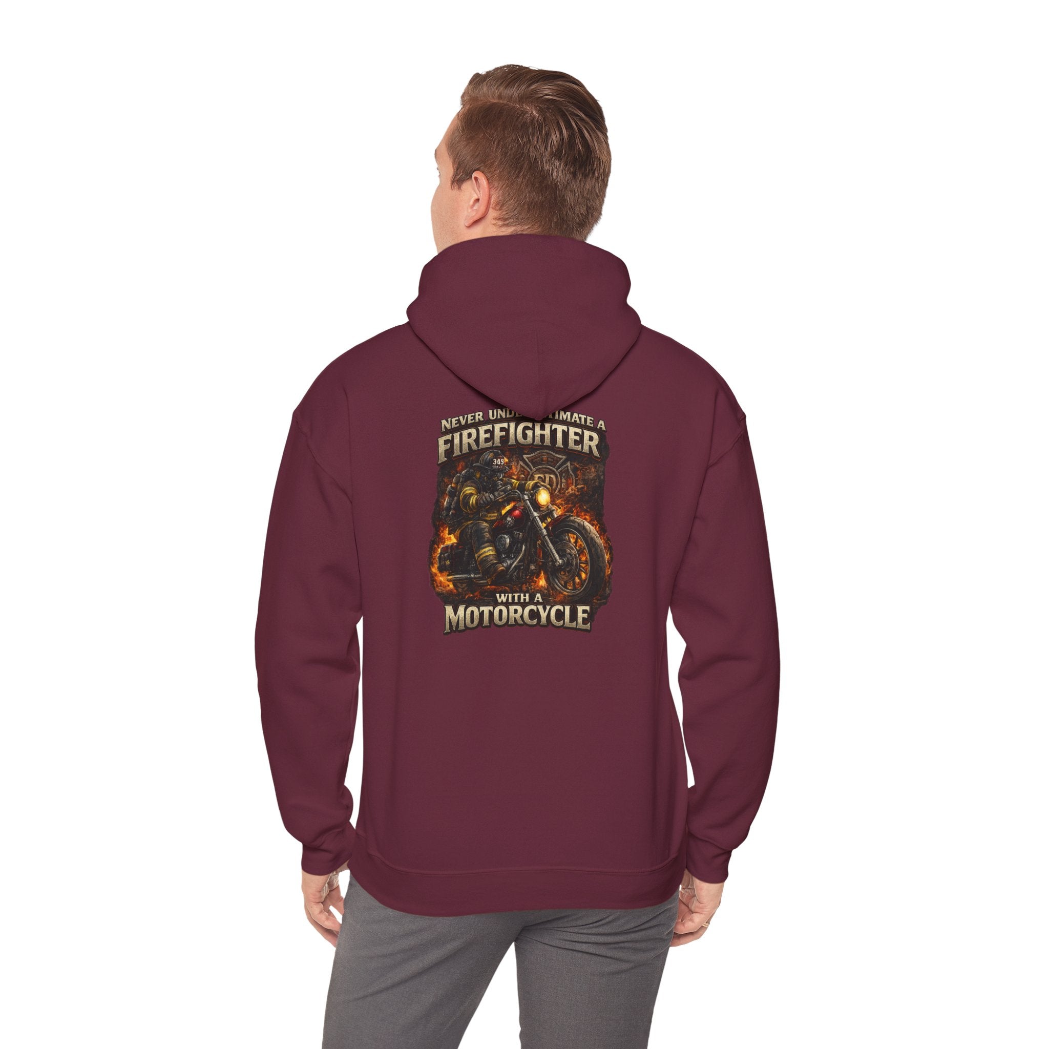 Firefighter Motorcycle Hoodie - "Never Underestimate a Firefighter with a Motorcycle" Graphic Pullover
