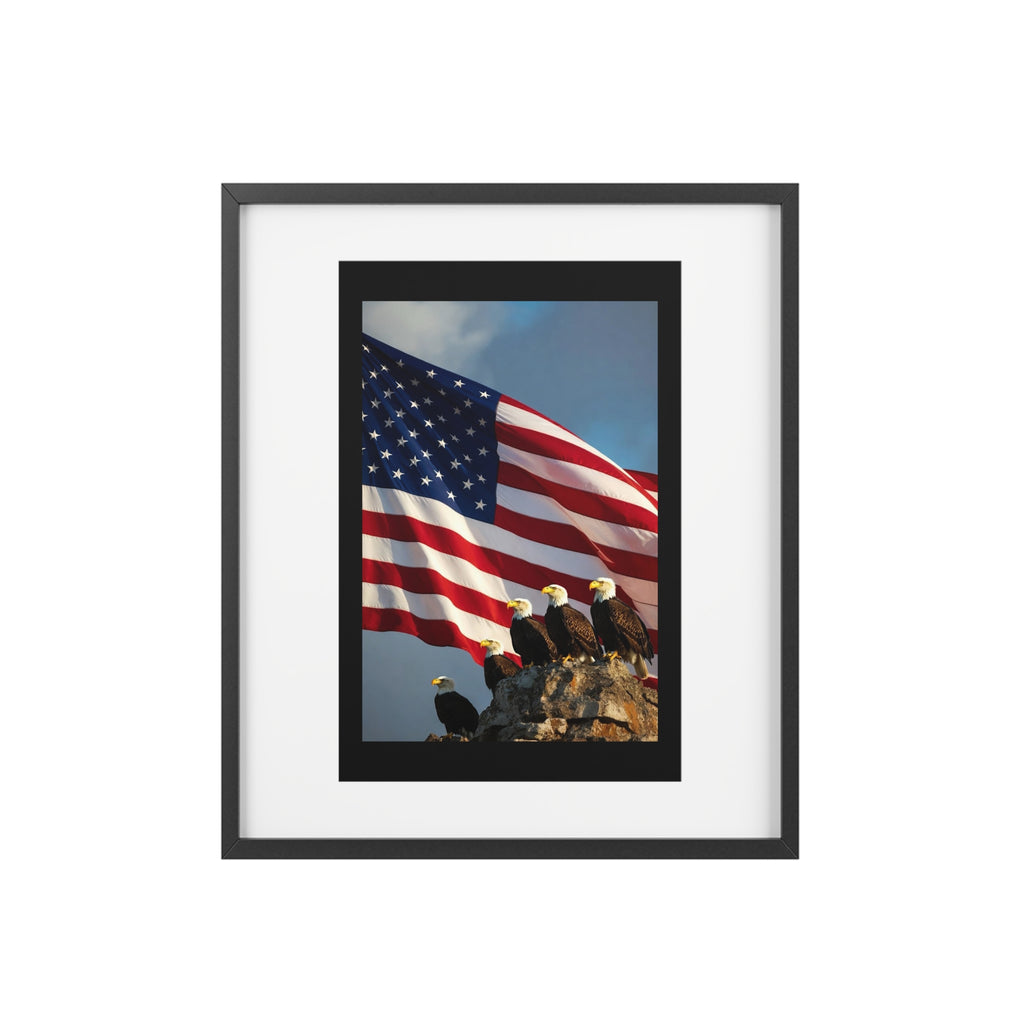 Framed Poster - Patriotic Bald Eagles & American Flag Wall Art (Matte)