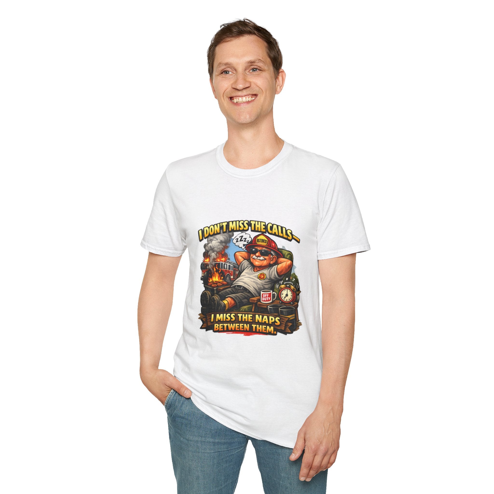 Firefighter Nap Humor T-Shirt — "I Don't Miss The Calls, I Miss The Naps Between Them"