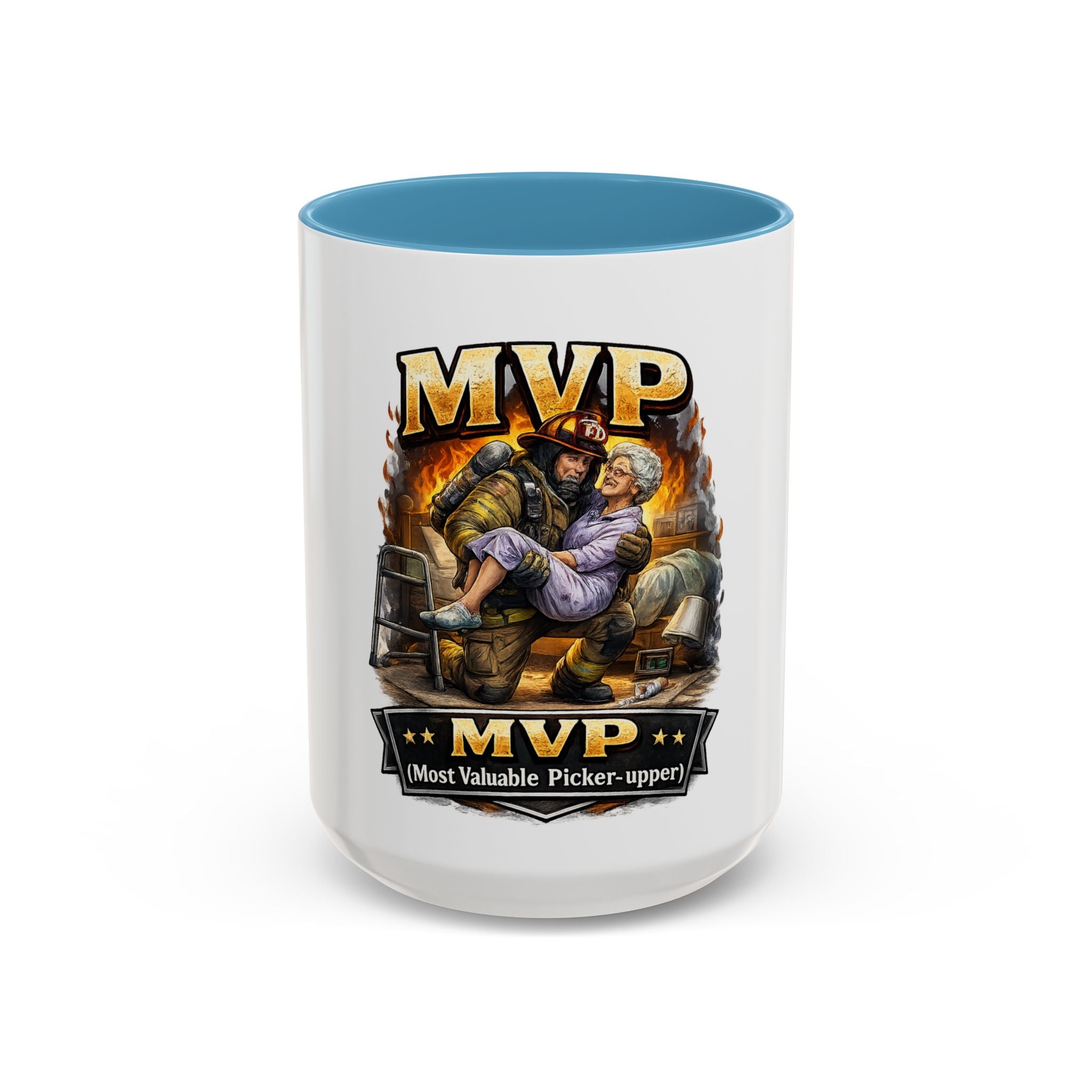 MVP Coffee Mug — "Most Valuable Picker-Upper" Firefighter Rescue Design (11/15 oz)