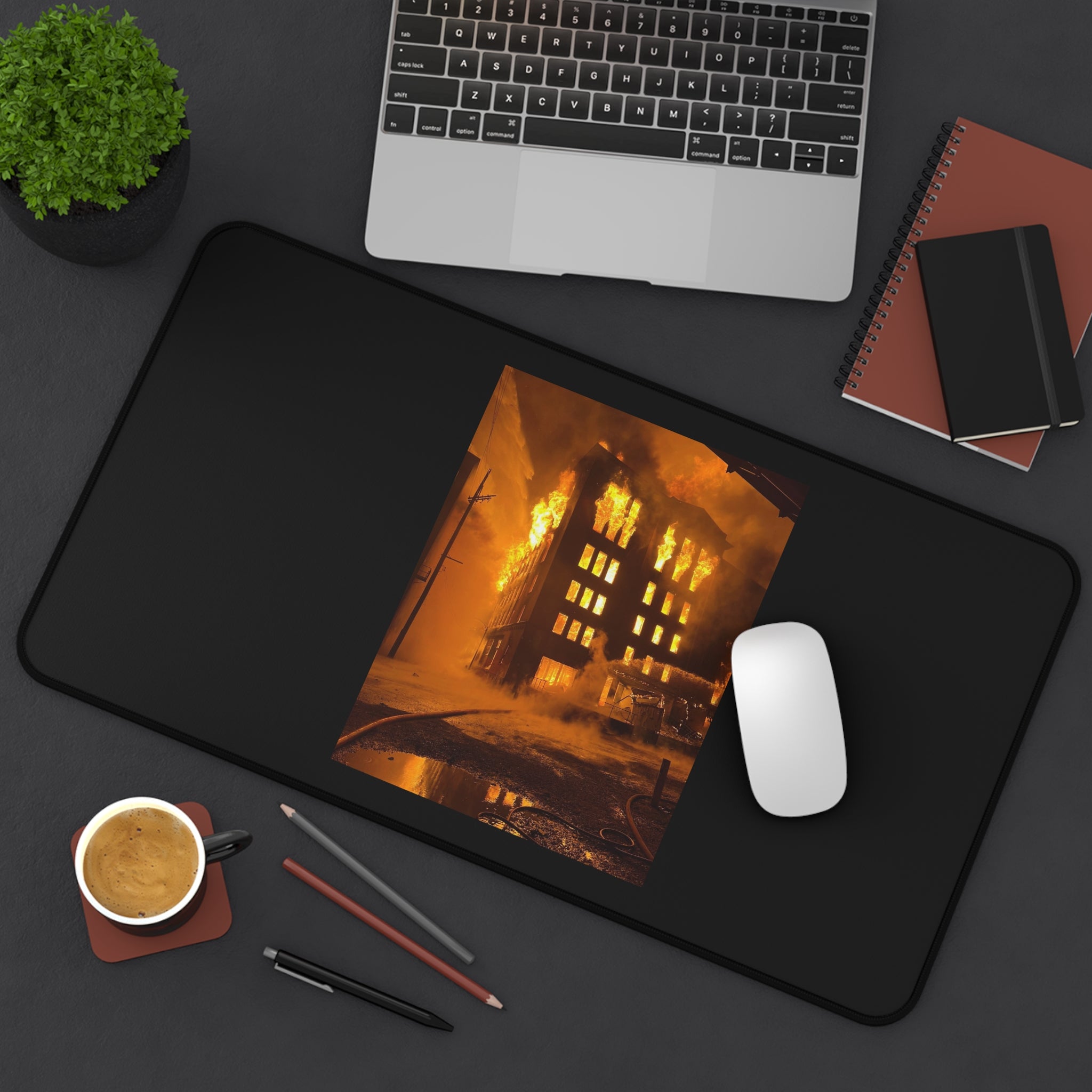 Burning Building Desk Mat — Dramatic Fire Photography Mouse Pad