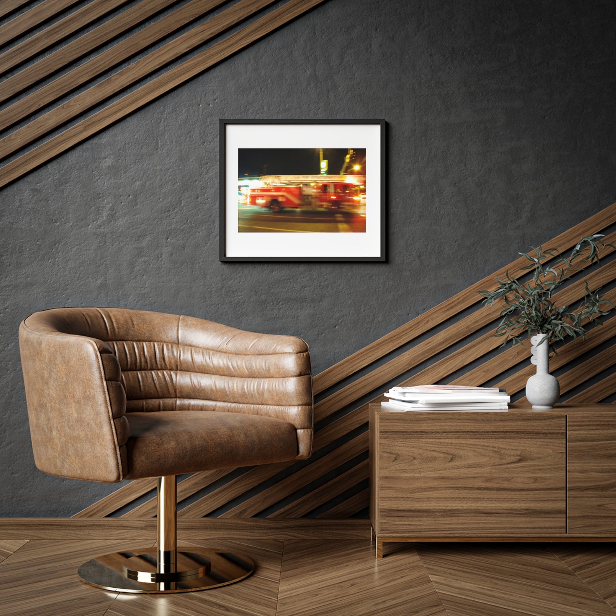 Fire Truck Motion Blur Framed Poster — Matte Photo Print for Home or Office
