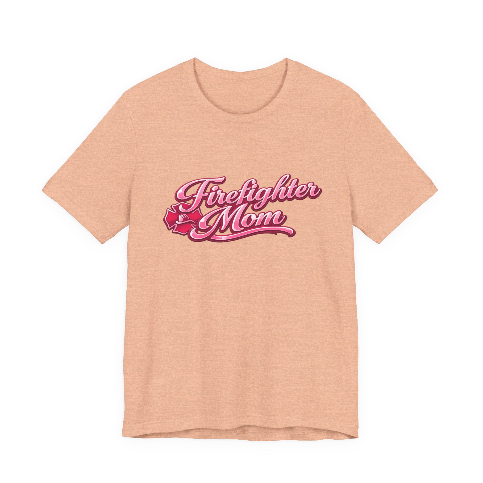 Firefighter Mom T-Shirt — Pink Script Rescue Emblem Tee