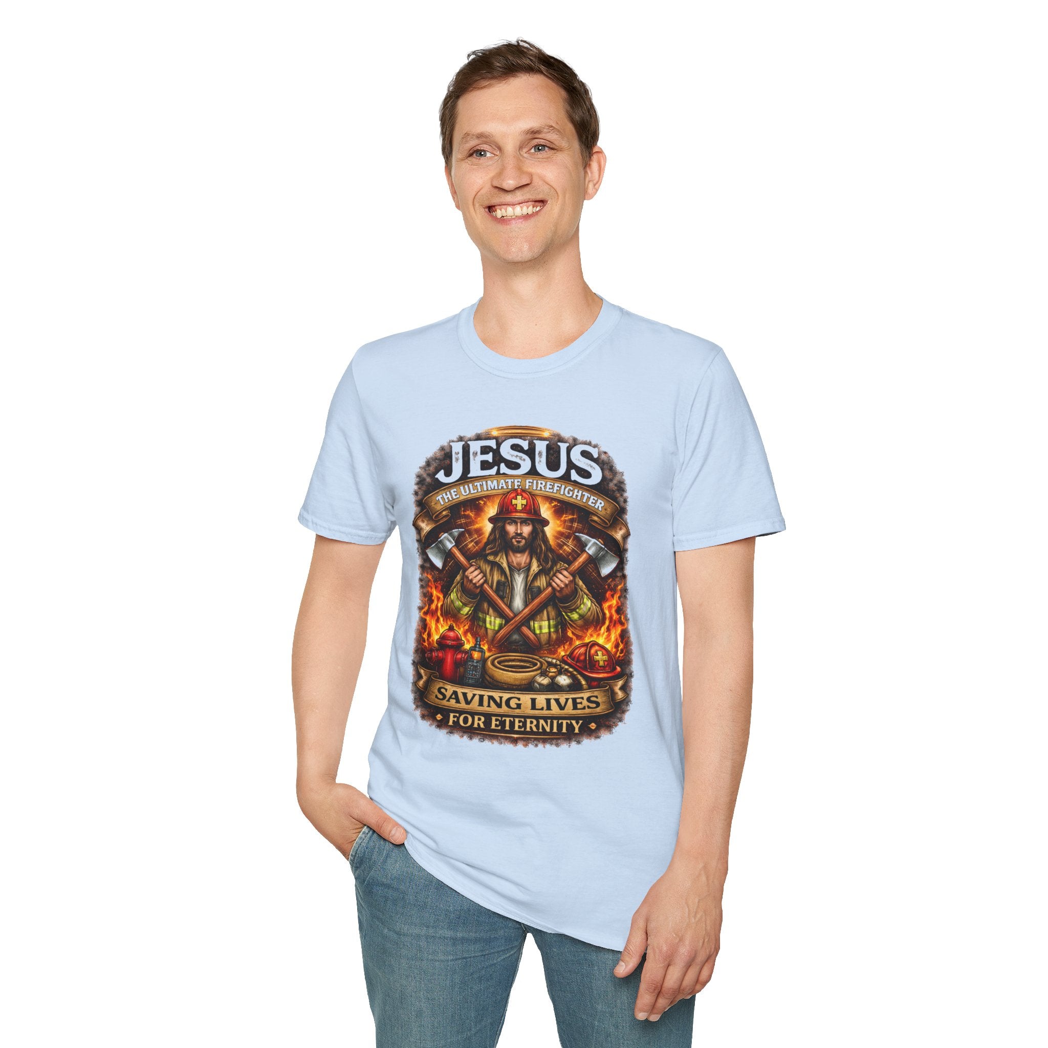 Jesus Firefighter Faith T-Shirt — "Saving Lives for Eternity" Christian Tee