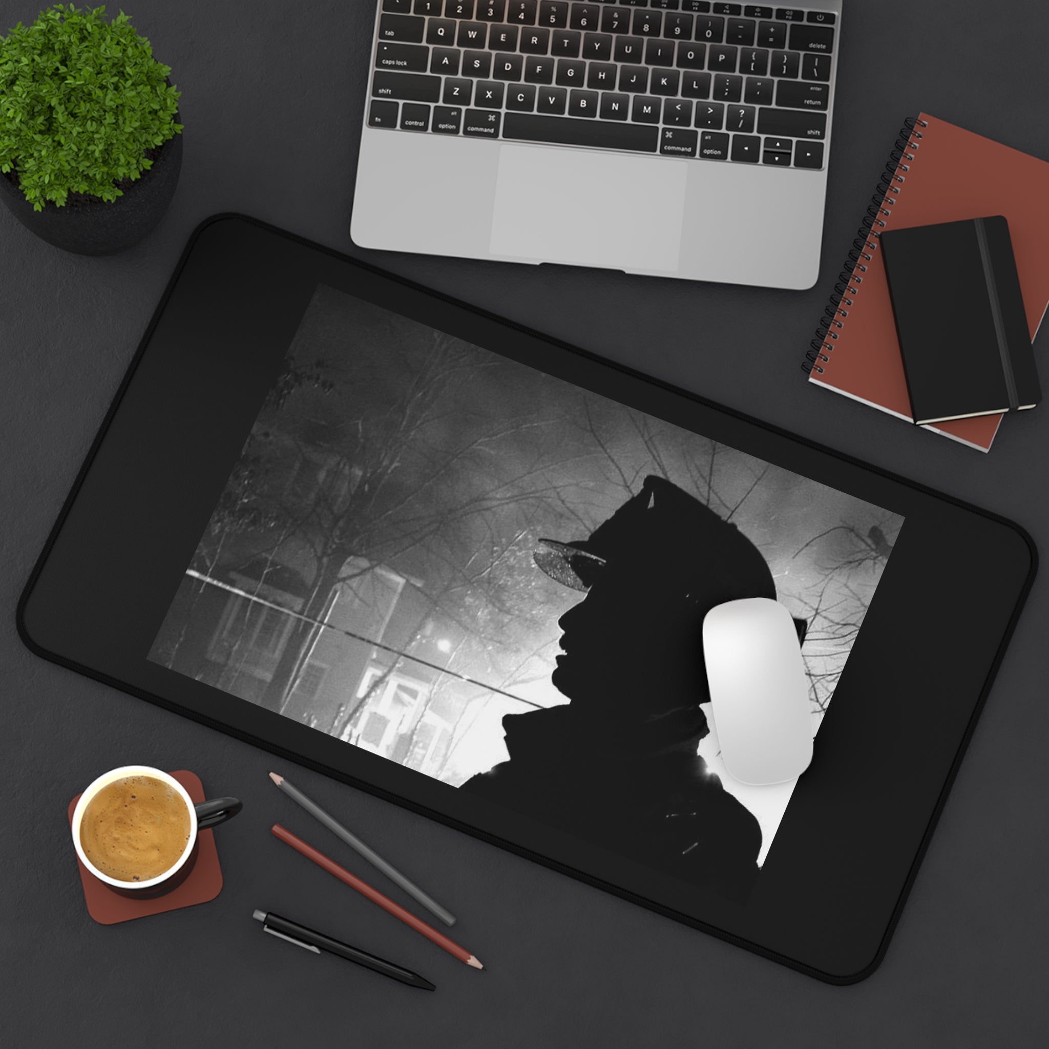 Firefighter Silhouette Desk Mat – Black & White Emergency Hero Mouse Pad