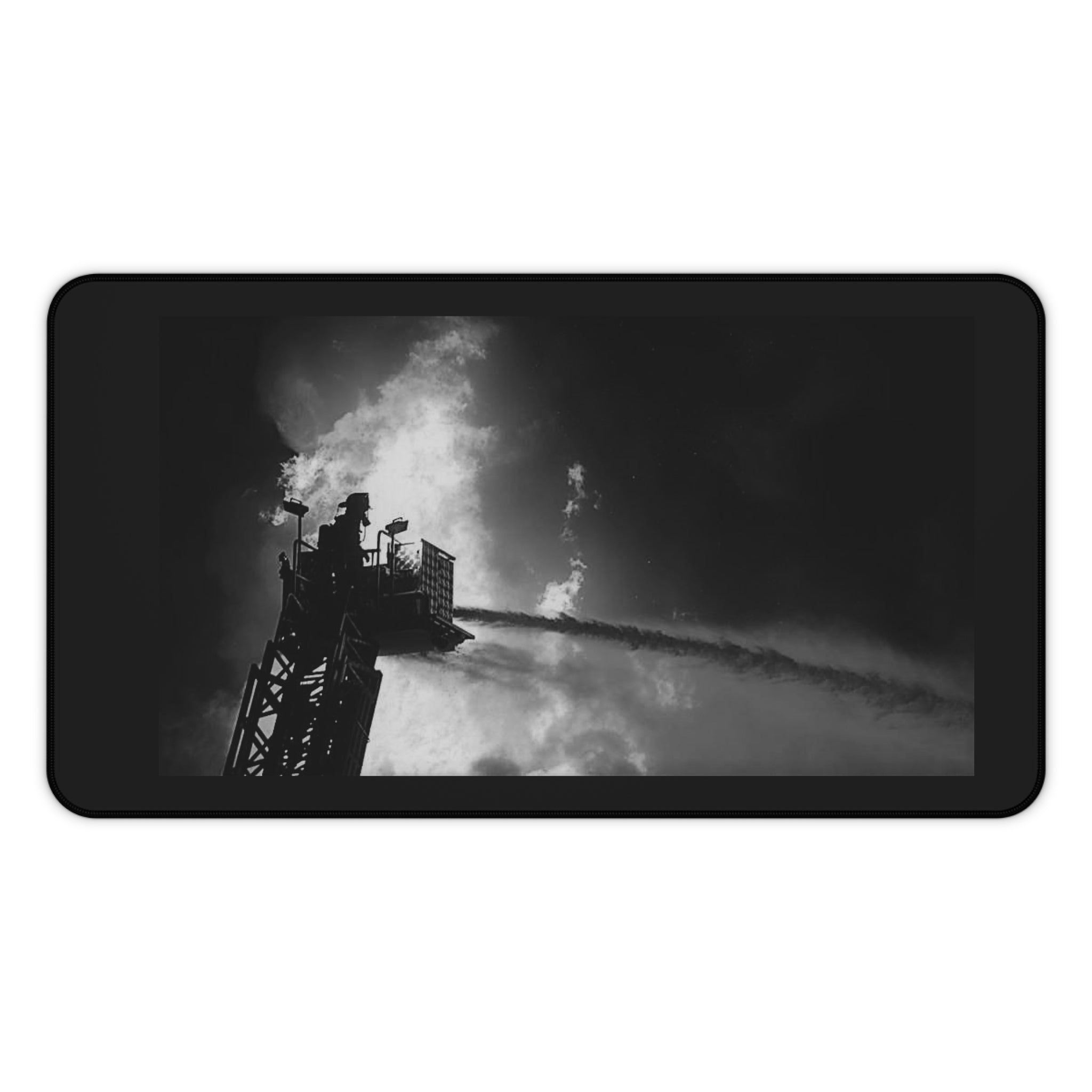 Firefighter Rescue Desk Mat — Dramatic Black & White Firetruck Tower Desk Pad