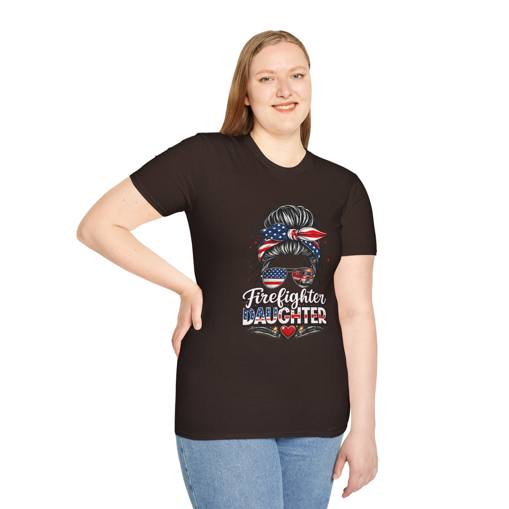 Firefighter Daughter T-Shirt — Patriotic Messy Bun Sunglasses Design