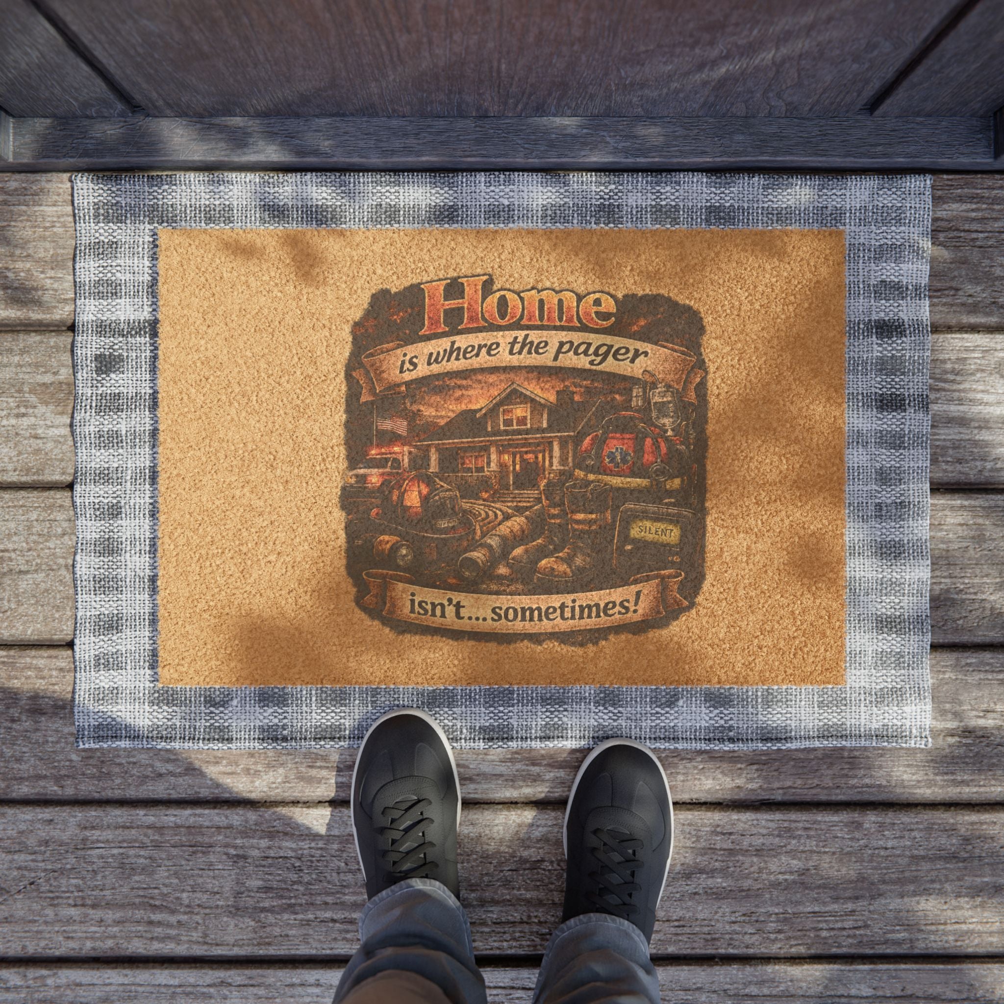 Doormat — "Home is Where the Pager Isn't... Sometimes!" Firefighter Welcome Mat