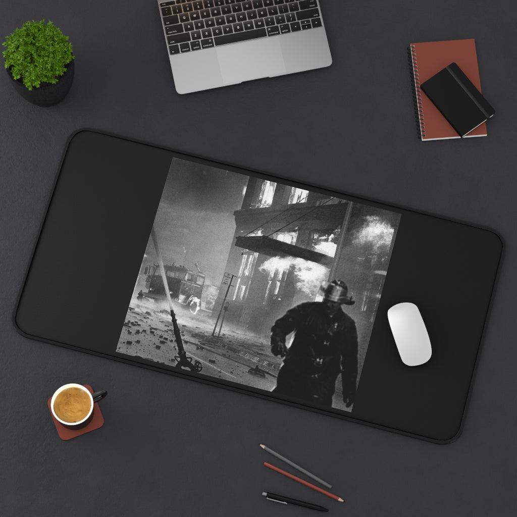 Vintage Firefighter Photo Desk Mat – Retro Black & White Fire Scene Mouse Pad