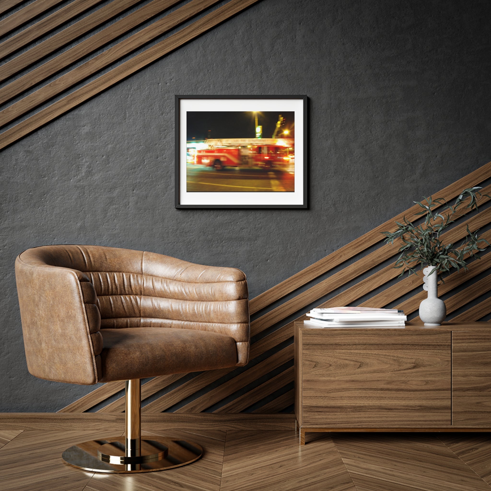 Fire Truck Motion Blur Framed Poster — Matte Photo Print for Home or Office