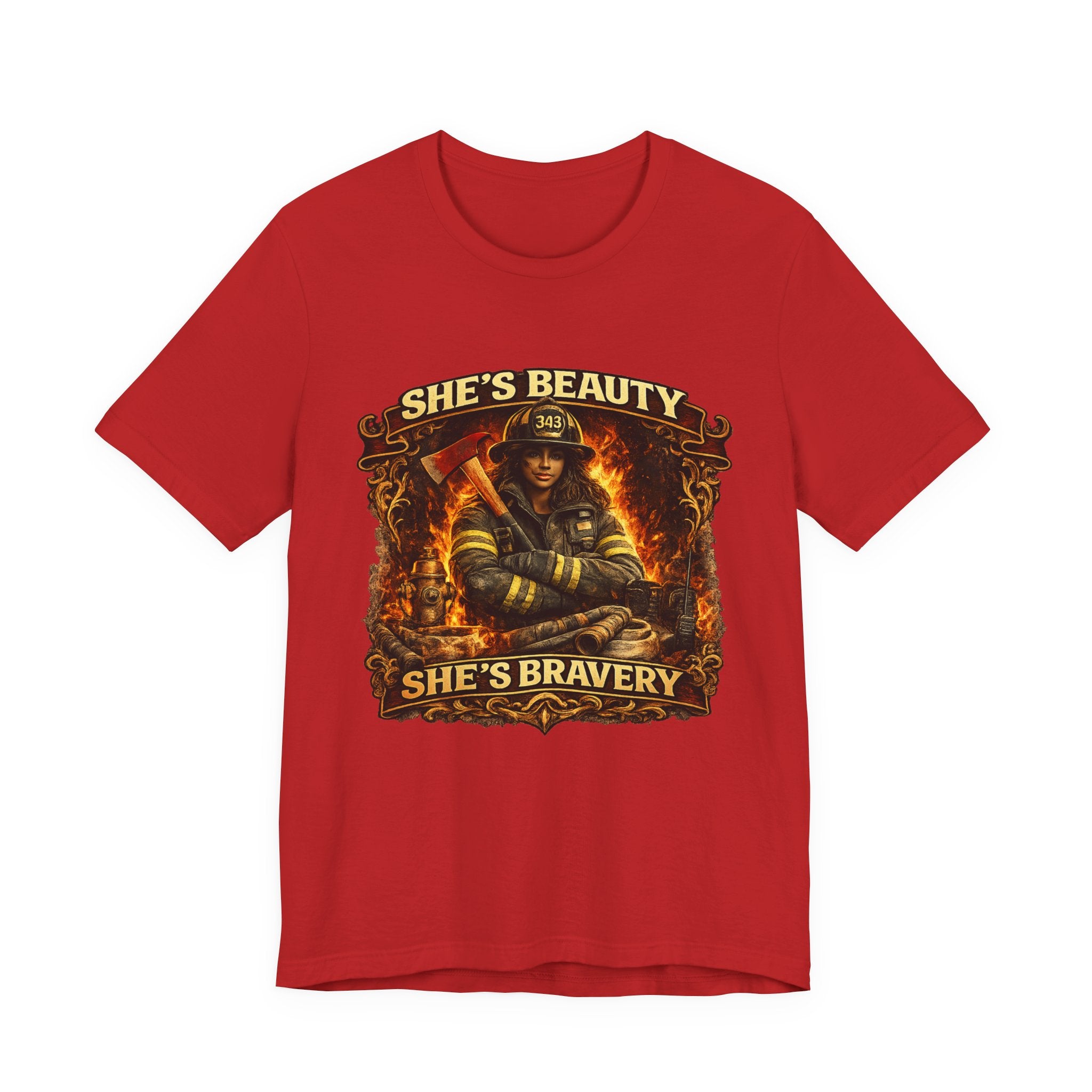 Firefighter Woman Tee - "She's Beauty, She's Bravery" Graphic T-Shirt