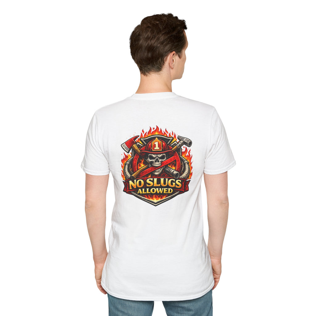 Firefighter Skull T-Shirt — "No Slugs Allowed" Graphic Tee