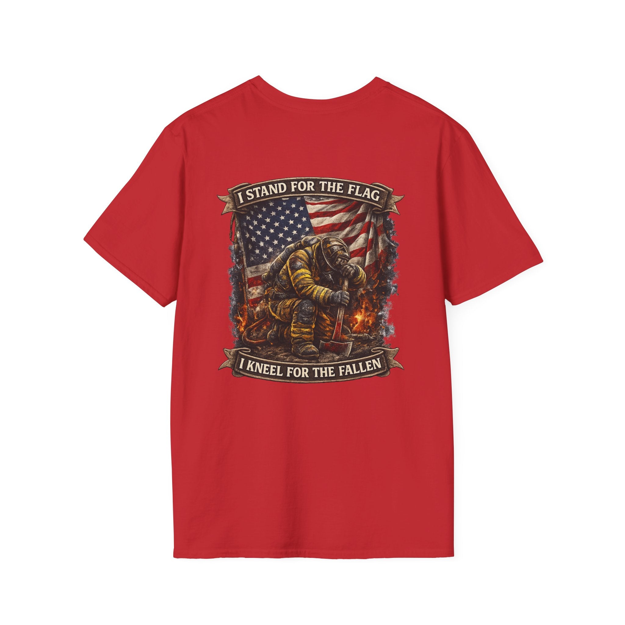 Patriotic Firefighter T-Shirt — "I Stand for the Flag, I Kneel for the Fallen"