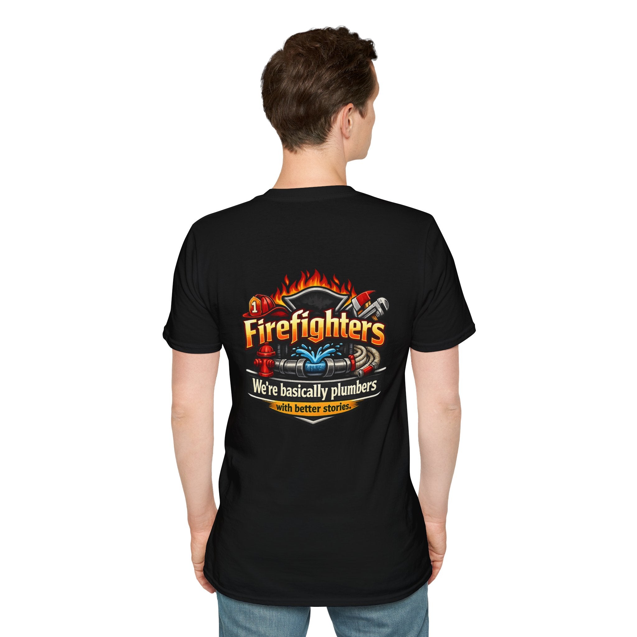 Firefighters Graphic T-Shirt — "We're Basically Plumbers" Firefighter Gift