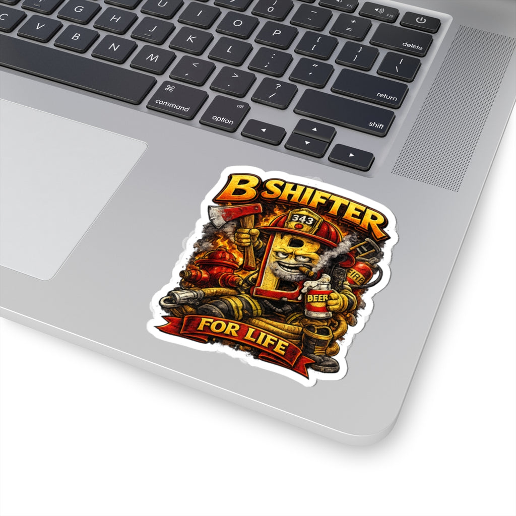 B Shifter For Life Kiss-Cut Sticker — Firefighter Axe & Beer Cartoon Decal