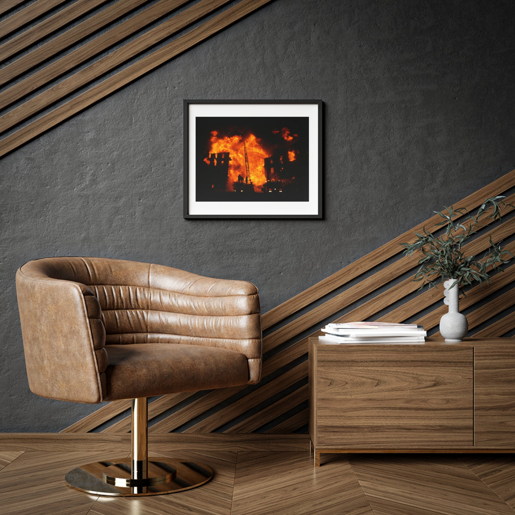 Firefighter Wall Art — Dramatic Building Fire Framed Poster (Matte)