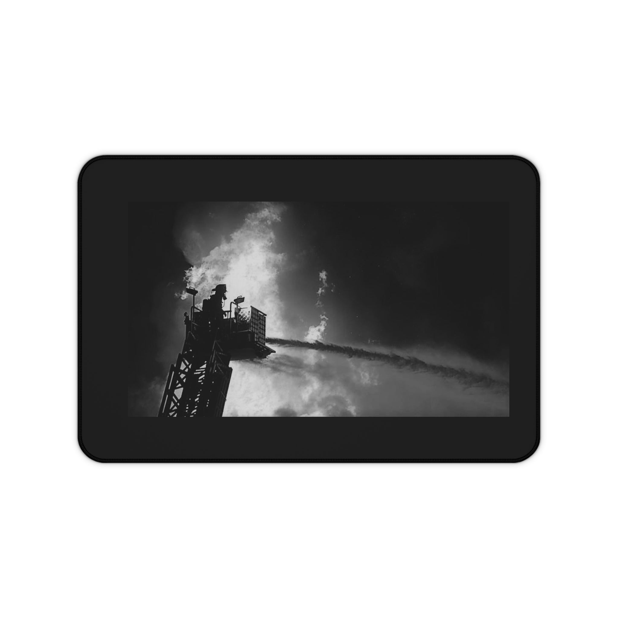 Firefighter Rescue Desk Mat — Dramatic Black & White Firetruck Tower Desk Pad