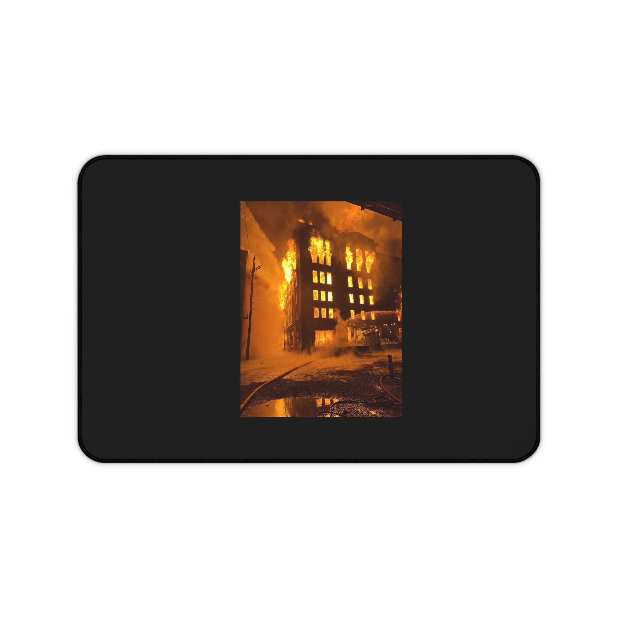 Burning Building Desk Mat — Dramatic Fire Photography Mouse Pad