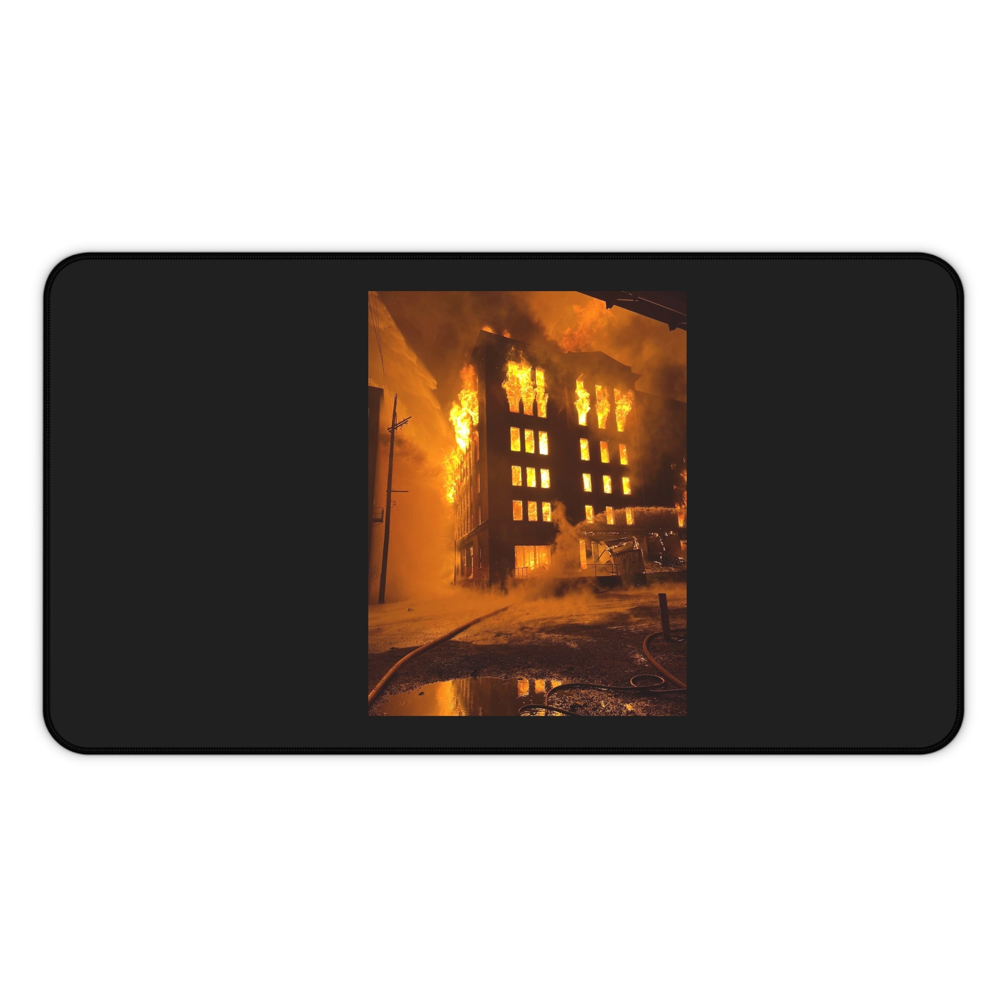 Burning Building Desk Mat — Dramatic Fire Photography Mouse Pad