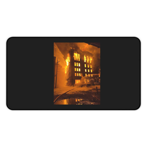 Burning Building Desk Mat — Dramatic Fire Photography Mouse Pad