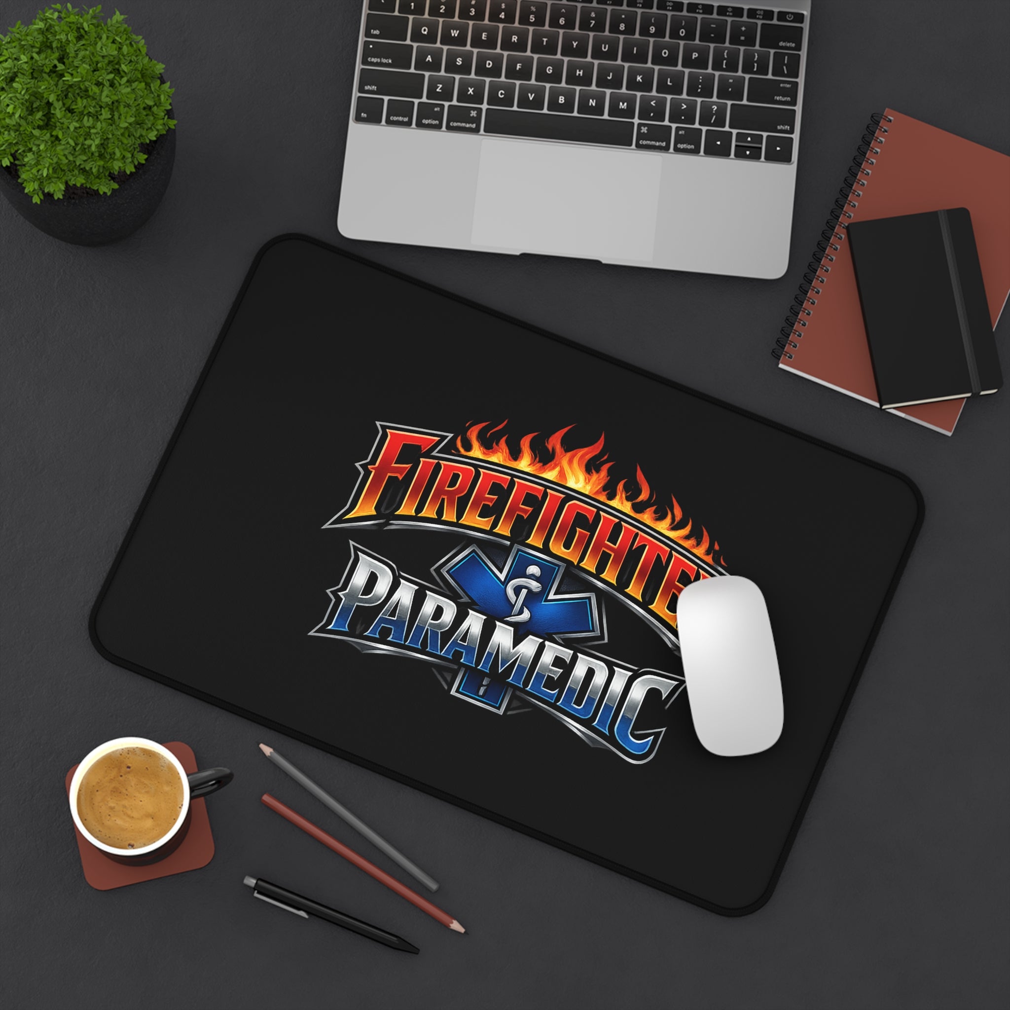 Firefighter Paramedic Desk Mat — Flame Logo Gaming & Work Mouse Pad