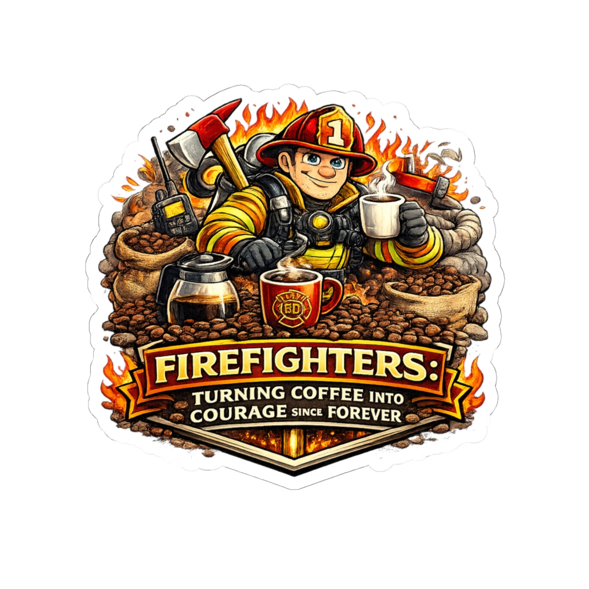 Firefighters Coffee Sticker — "Turning Coffee Into Courage Since Forever" Kiss-Cut Sticker