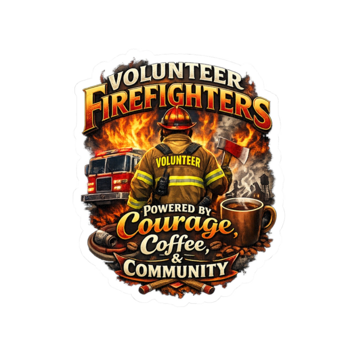 Volunteer Firefighters Kiss-Cut Sticker — "Powered by Courage, Coffee & Community"