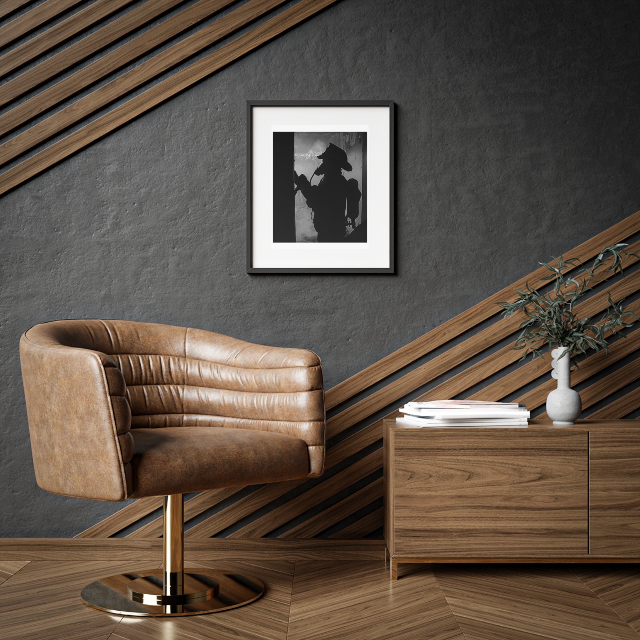 Black & White Firefighter Silhouette Framed Poster — Matte Wall Art