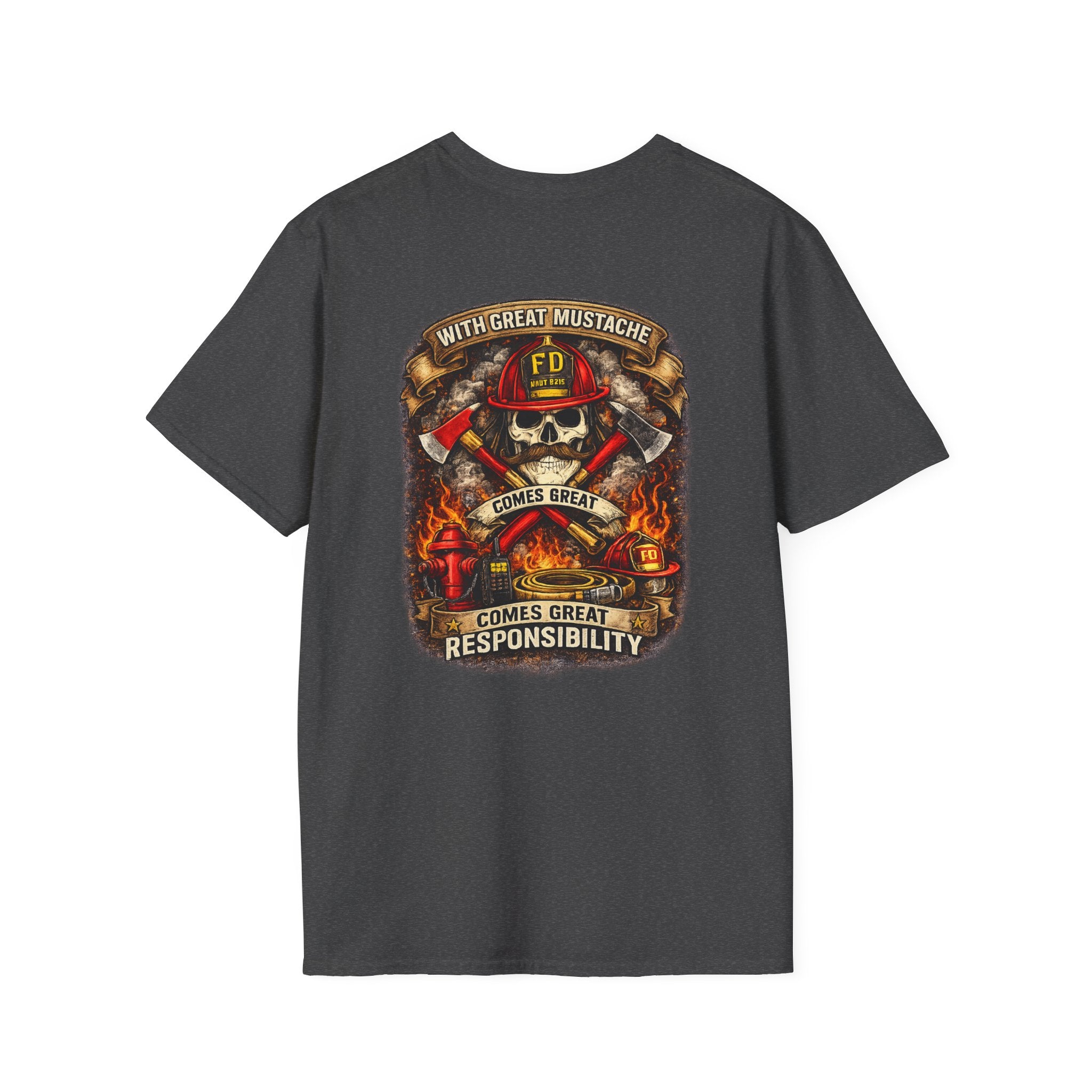 Firefighter Skull T-Shirt — “With Great Mustache Comes Great Responsibility” Graphic Tee