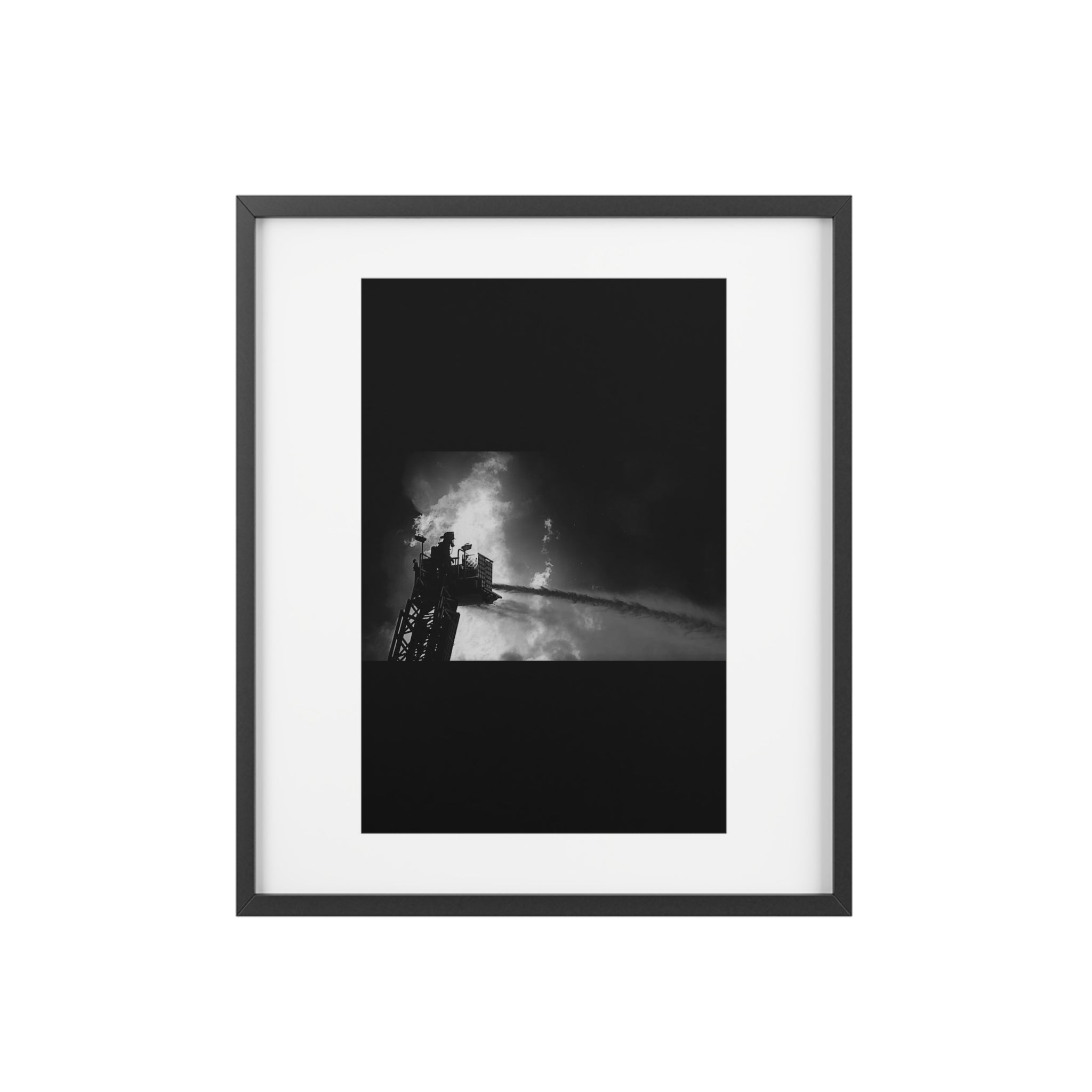 Framed Poster — Dramatic Black & White Firefighter Ladder Photo (Matte)
