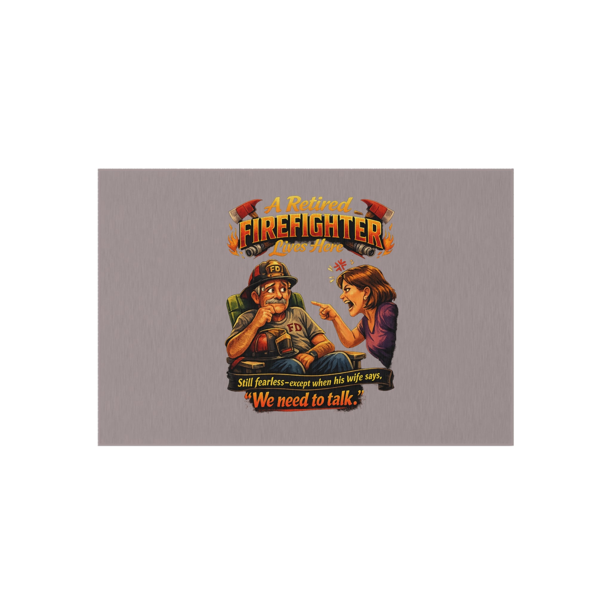 Outdoor Rug — "A Retired Firefighter Lives Here" Funny Patriotic Welcome Mat