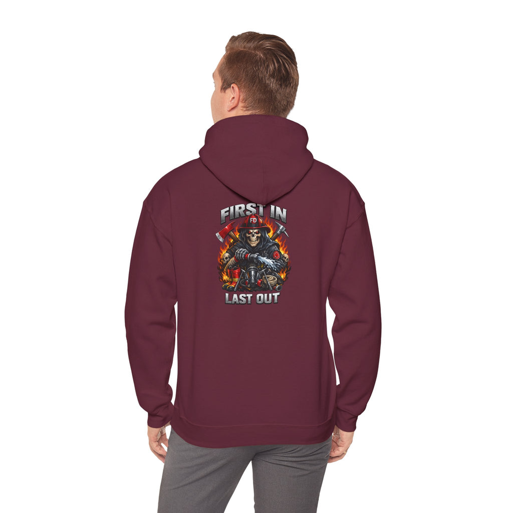 Fireman Skull Hoodie - "Fire In, Last Out" Firefighter Pullover