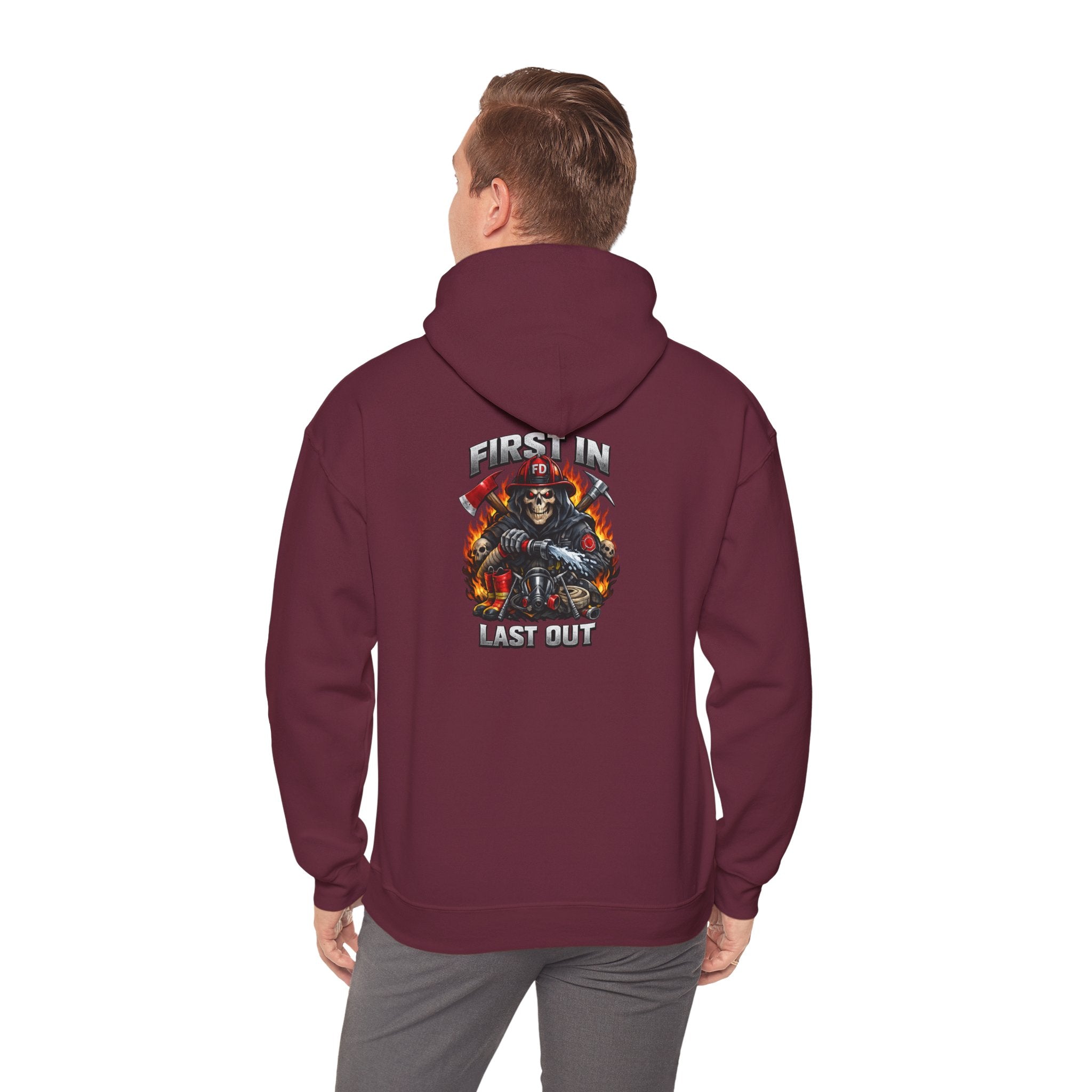 Fireman Skull Hoodie - "Fire In, Last Out" Firefighter Pullover