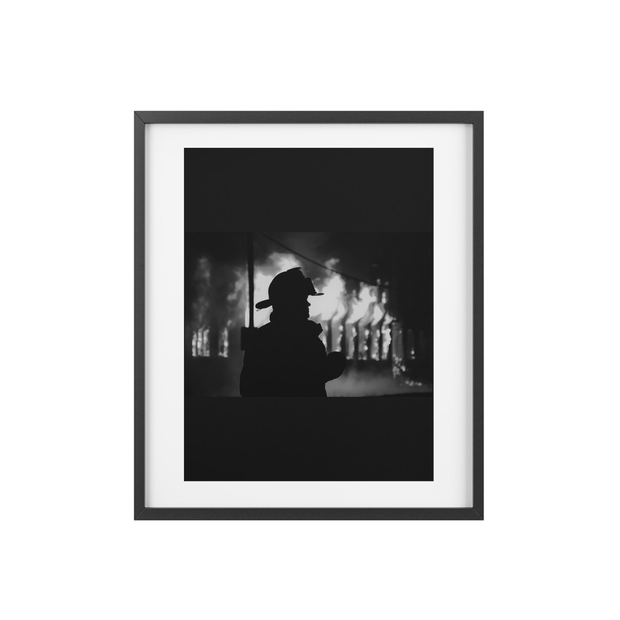 Framed Poster — Silhouette Firefighter Black & White Print