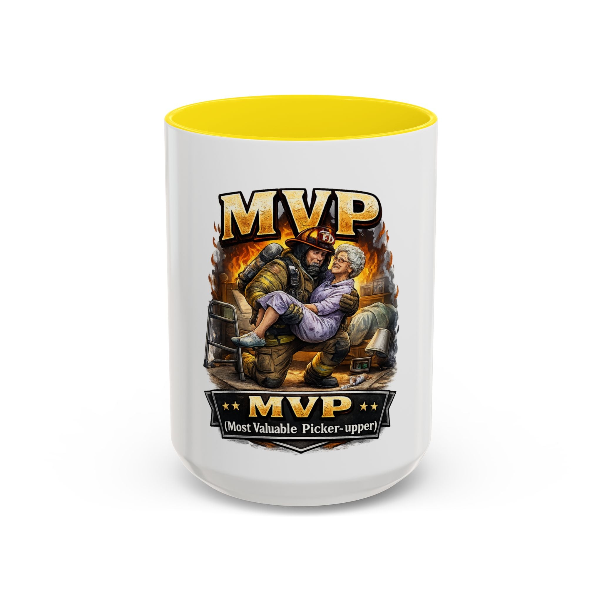 MVP Coffee Mug — "Most Valuable Picker-Upper" Firefighter Rescue Design (11/15 oz)