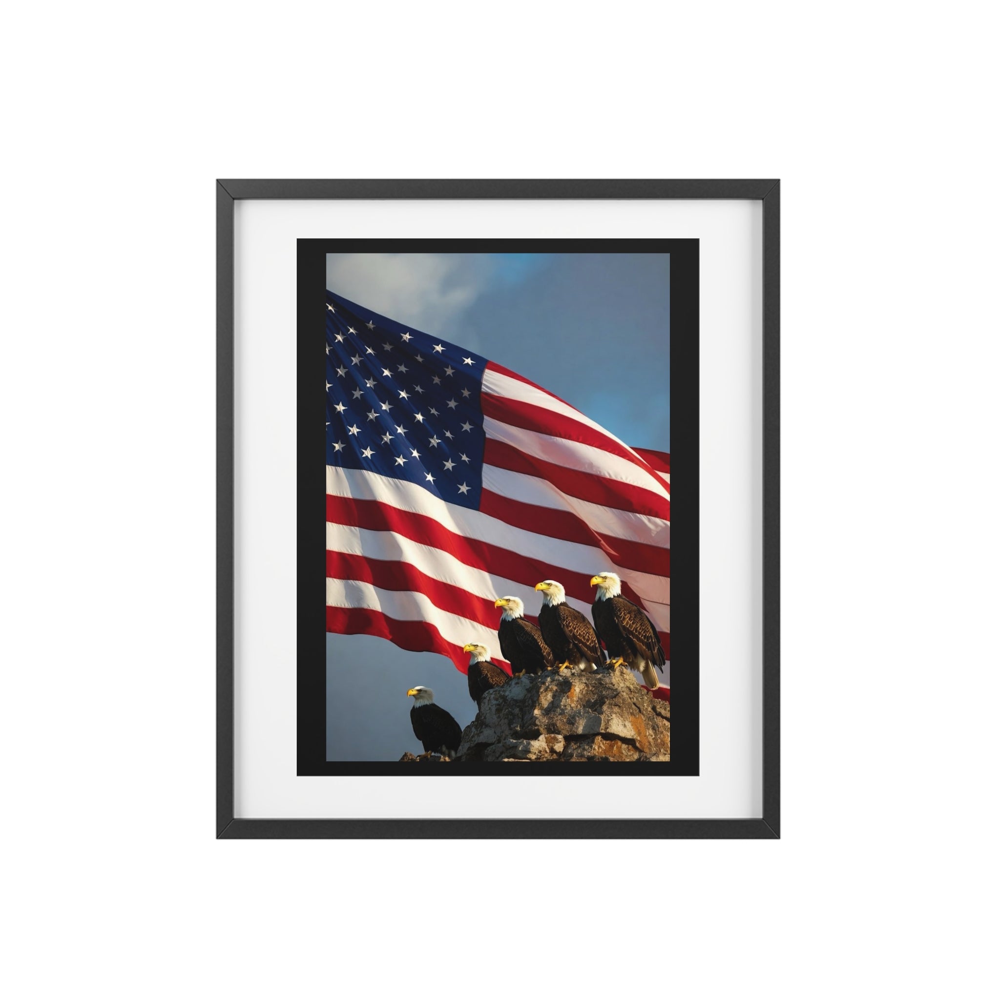 Framed Poster - Patriotic Bald Eagles & American Flag Wall Art (Matte)