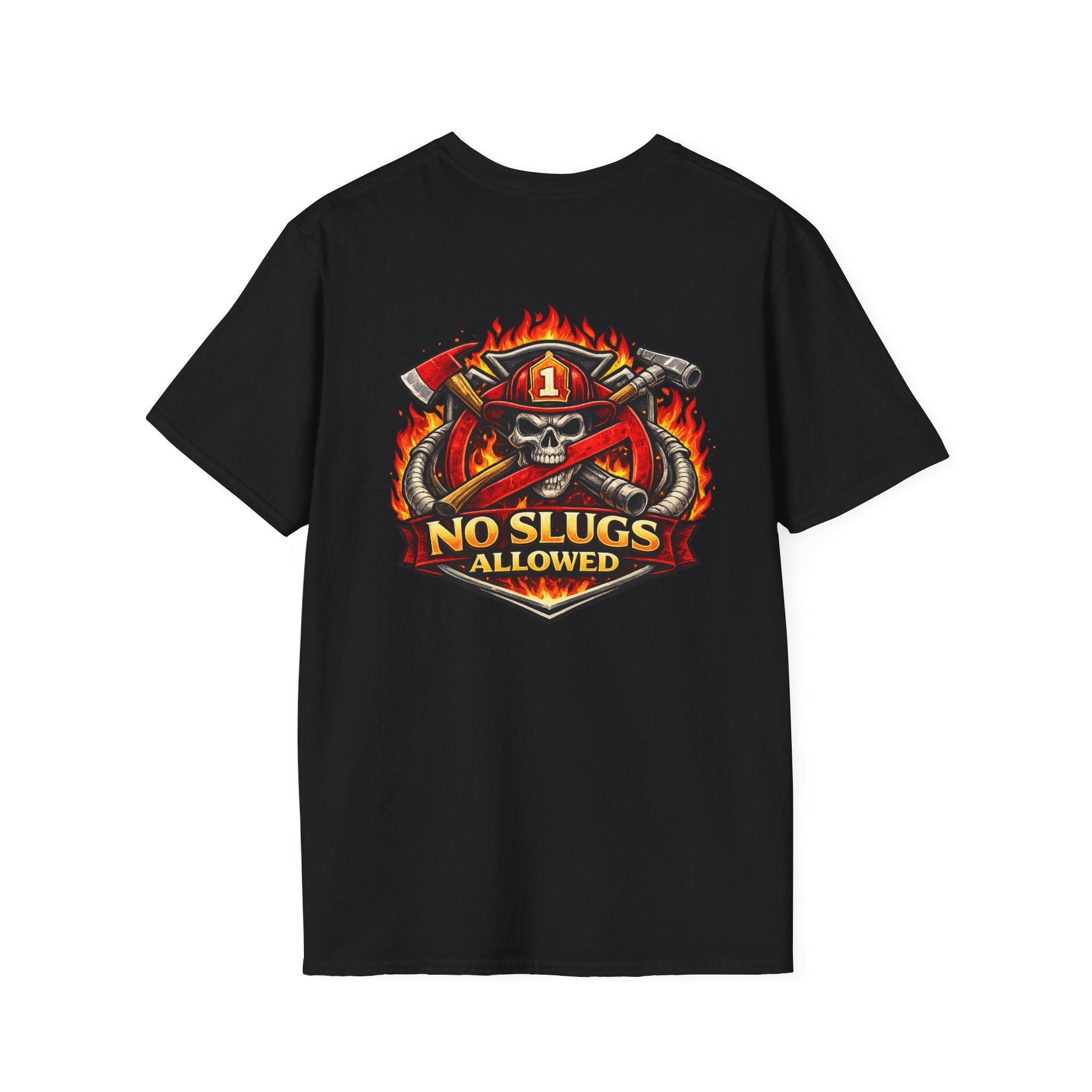 Firefighter Skull T-Shirt — "No Slugs Allowed" Graphic Tee