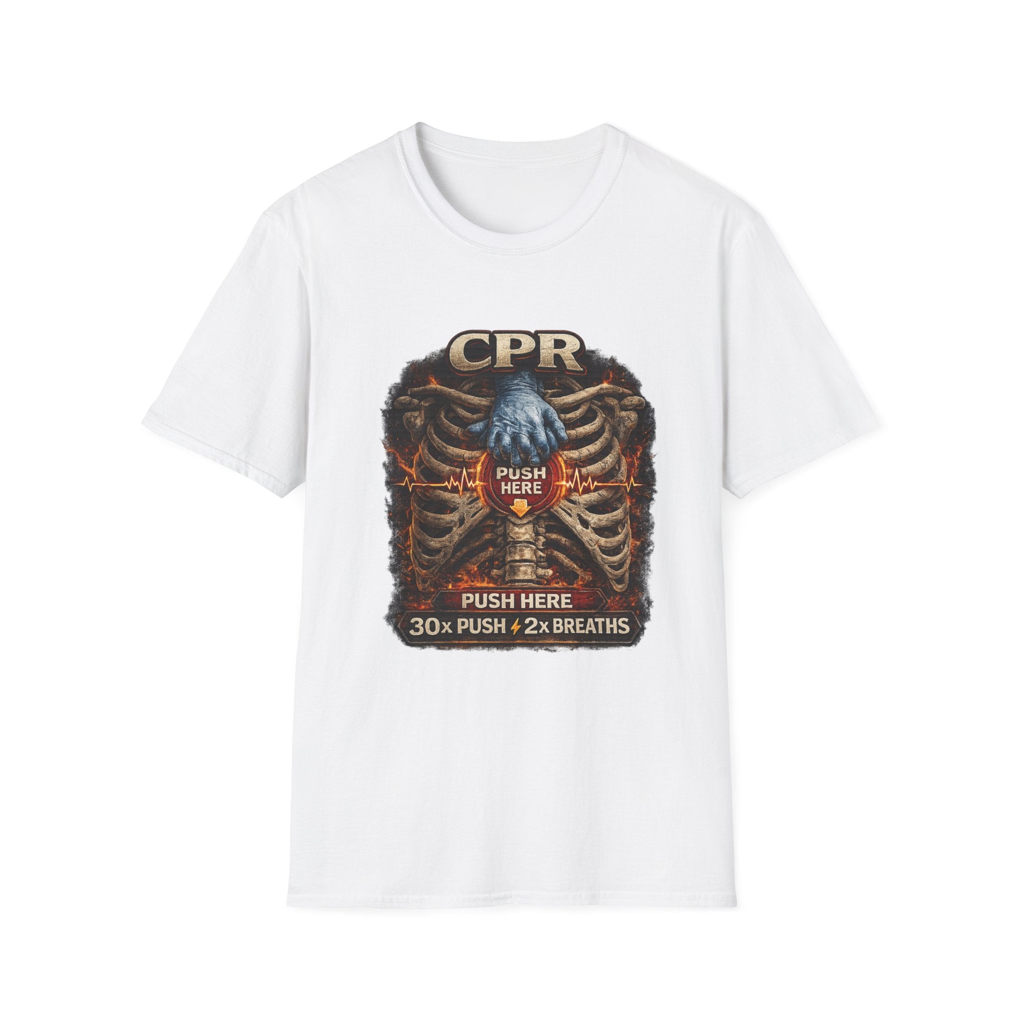 CPR Instruction T-Shirt — Ribcage Graphic with "Push Here: 30x Push + 2x Breaths"