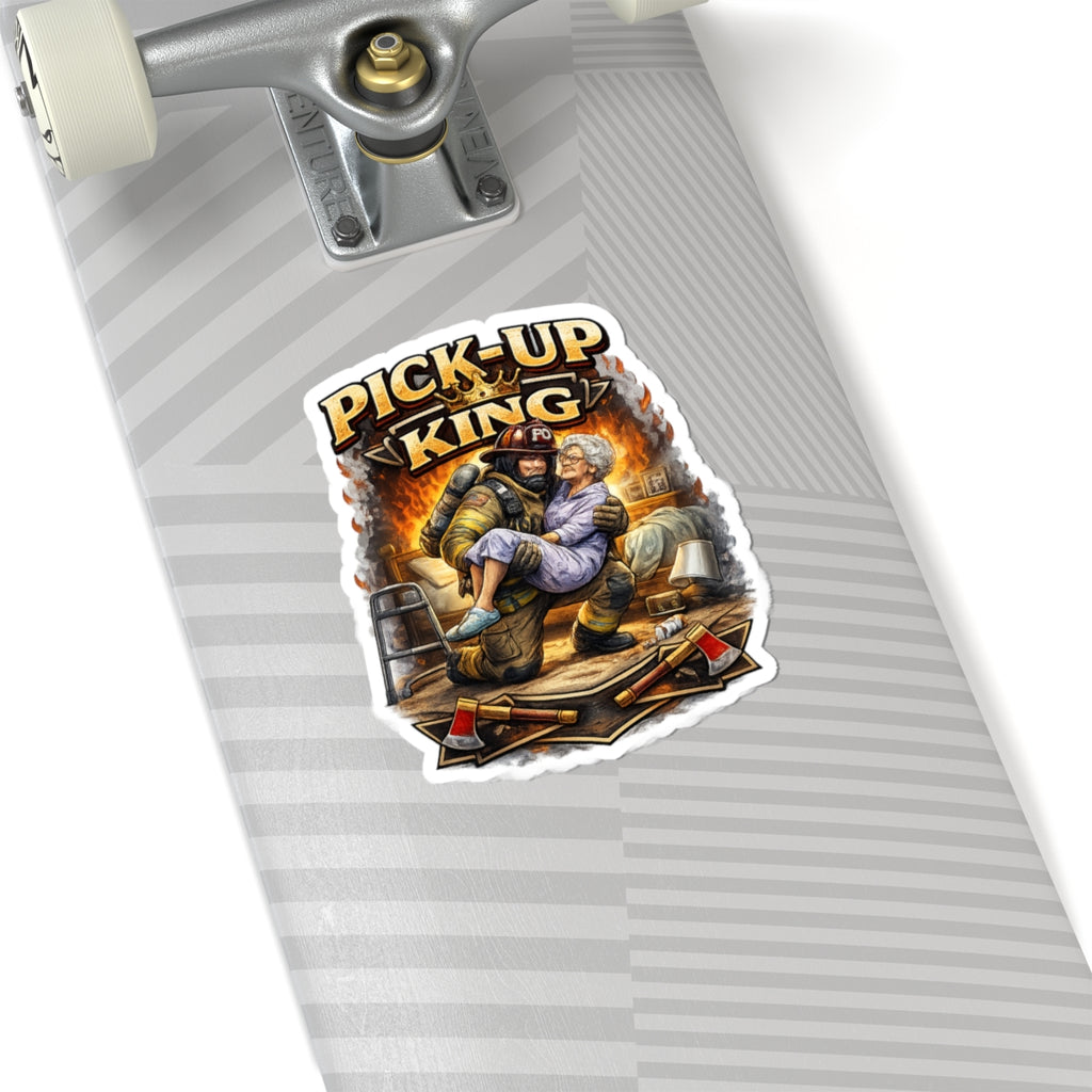 Pick-Up King Sticker — Funny Firefighter Carrying Grandma Kiss-Cut Decal
