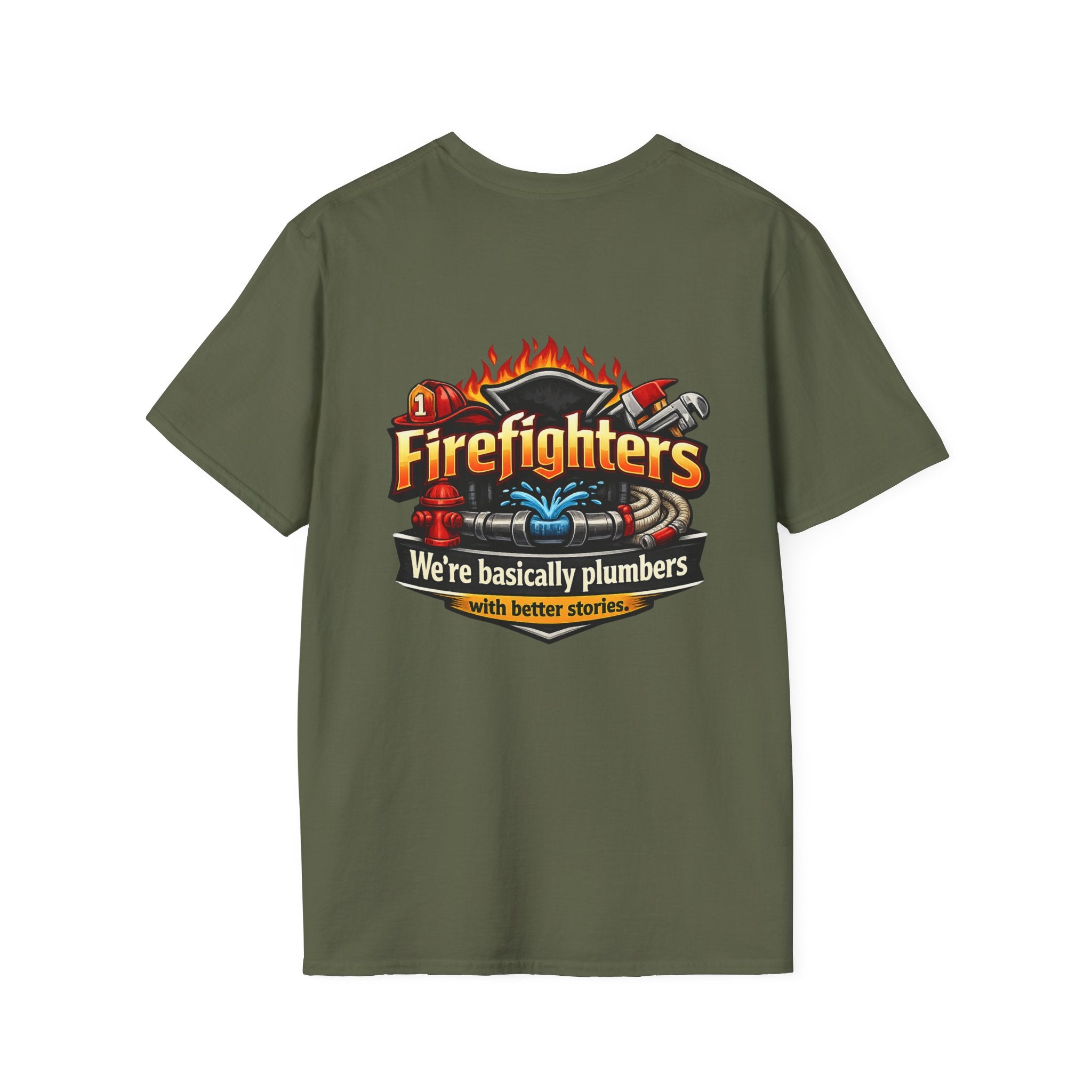 Firefighters Graphic T-Shirt — "We're Basically Plumbers" Firefighter Gift