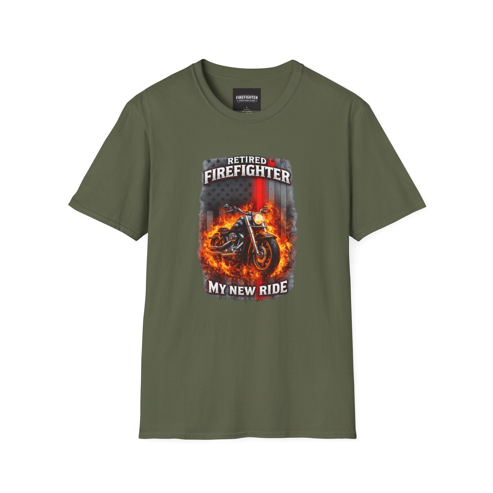 Retired Firefighter Motorcycle T-Shirt — “My New Ride” Biker Tee" Graphic on Front