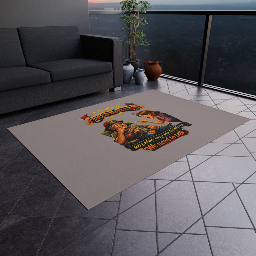 Outdoor Rug — "A Retired Firefighter Lives Here" Funny Patriotic Welcome Mat
