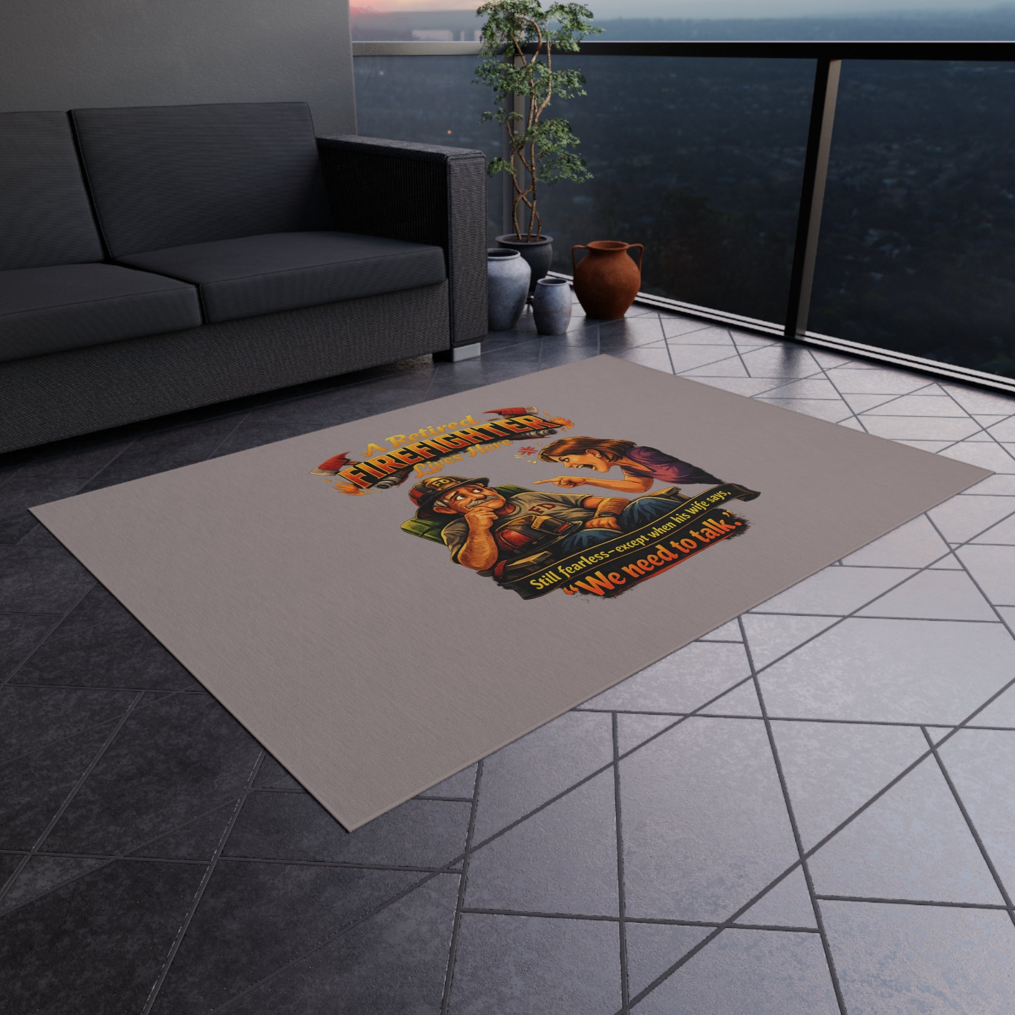 Outdoor Rug — "A Retired Firefighter Lives Here" Funny Patriotic Welcome Mat