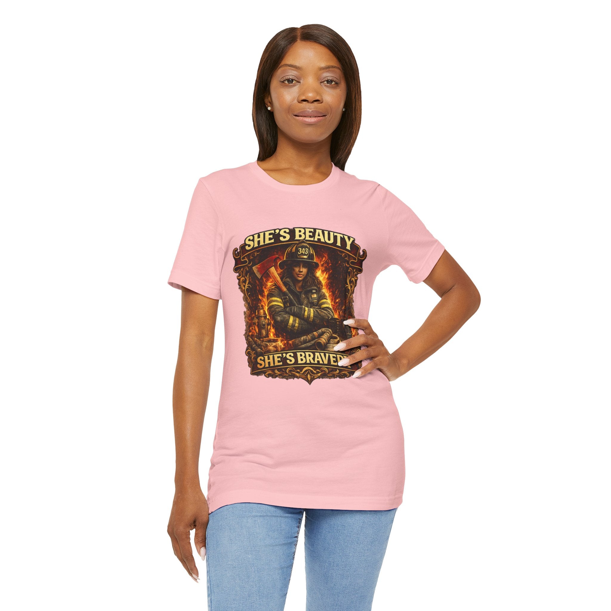 Firefighter Woman Tee - "She's Beauty, She's Bravery" Graphic T-Shirt